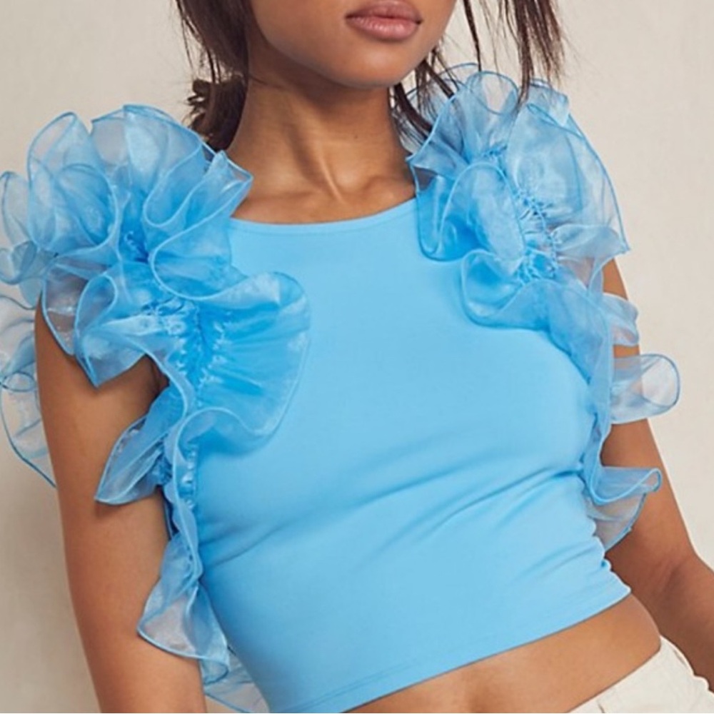 Free People Intimately Crop Top Blue Small Chiffon Sleeves Cutout Back